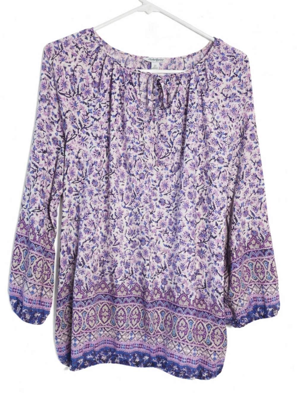 Lucky Brand Women Boho Floral Blouse Purple Blue Peasant Top  Sleeve Flowy 1X